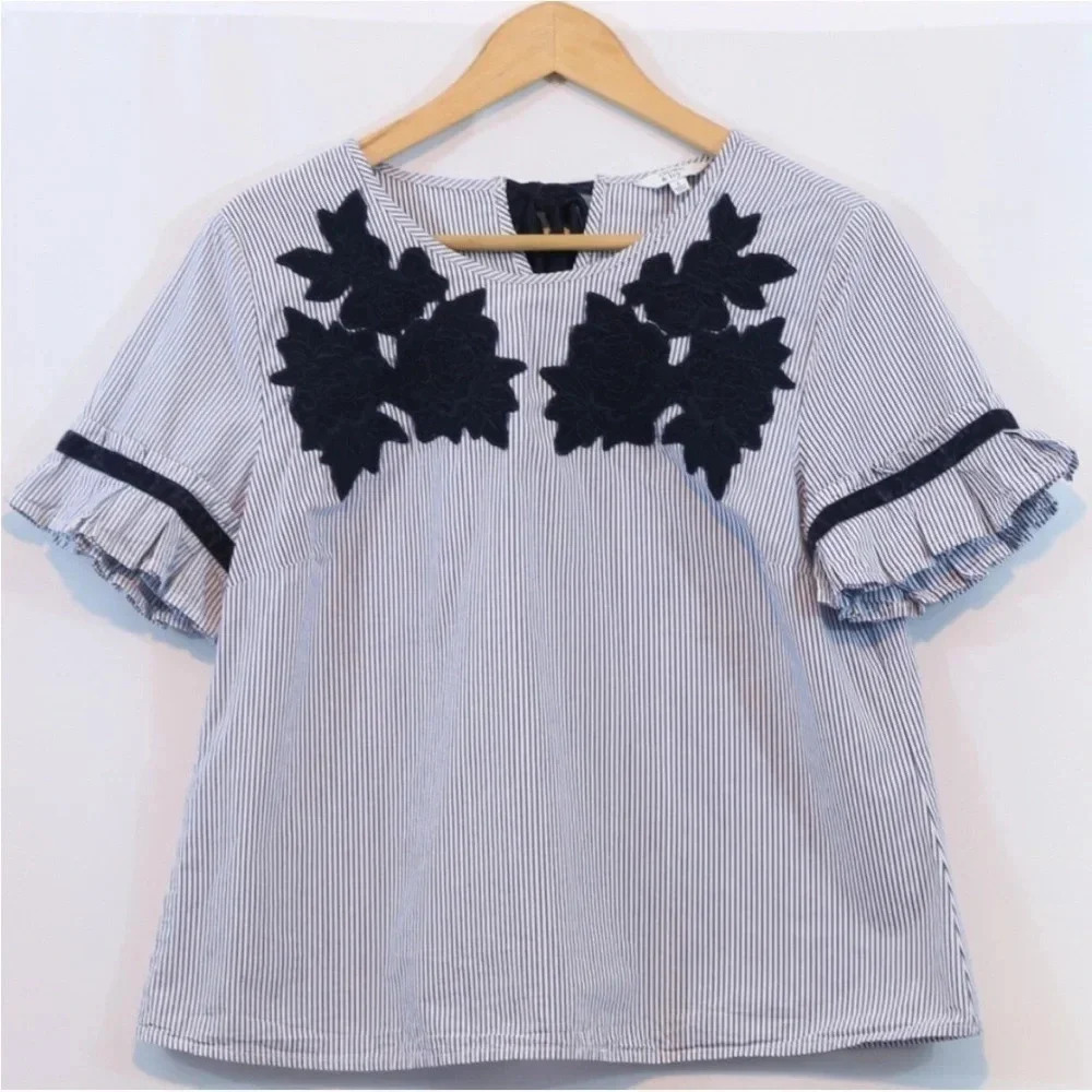 EUC Crown & Ivy blouse size Small navy blue velvet striped top - Picture 1 of 6